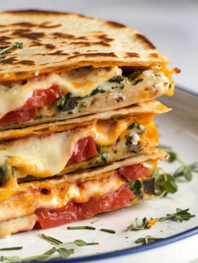 Quesadillas with Creamy Plant Cheese, Black Beans + Peppers