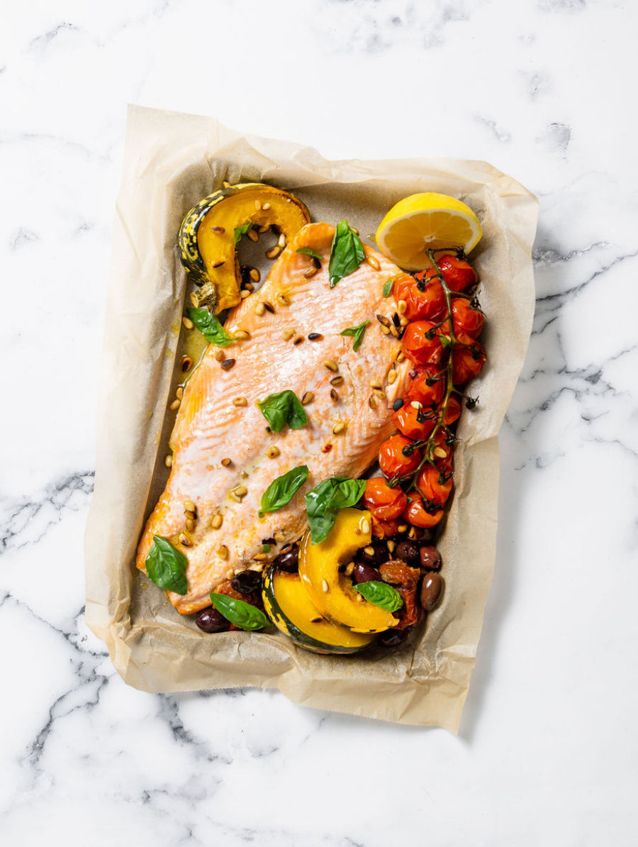 Press Pause on the Indulgence: Mediterranean Salmon, Squash, Tomato + Olive Traybake