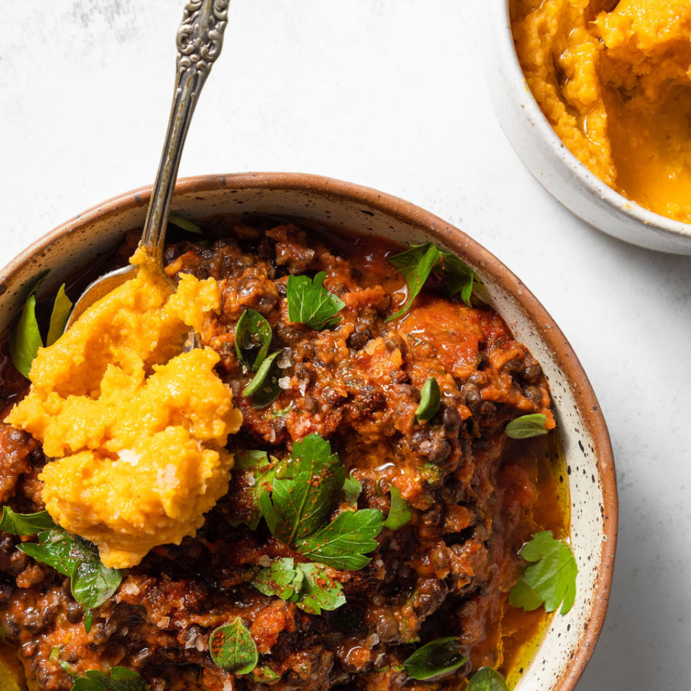 Grilled Aubergine with Cumin, Carrot Purée + Smoky Lentils (VE)