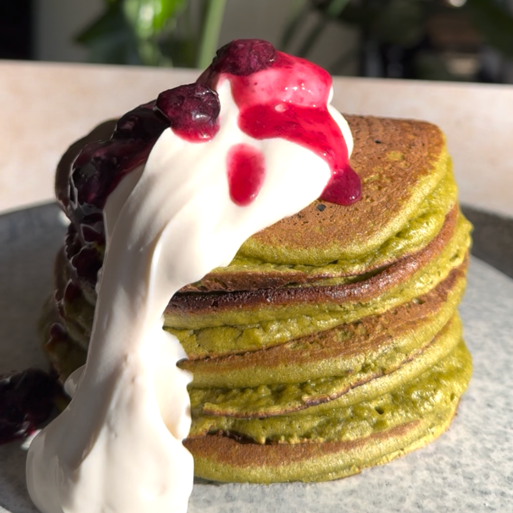 Matcha Pancakes With Almond Yoghurt + Blueberry Compote