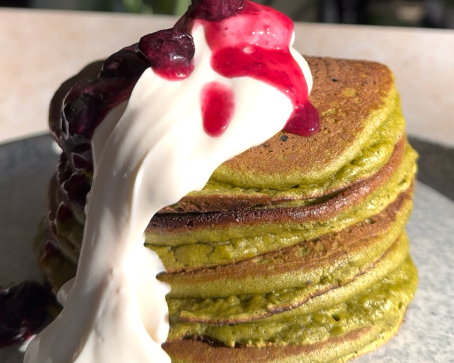 Matcha Pancakes With Almond Yoghurt + Blueberry Compote