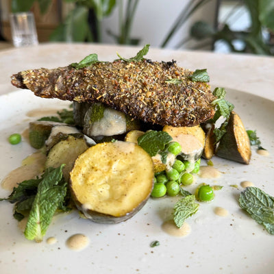 Crispy Seabass with a Pea, Mint + Courgette Salad