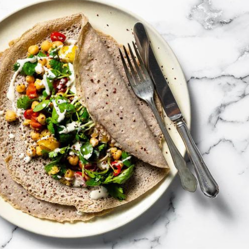 Buckwheat Crepes with Smashed Chickpeas, Rocket + Tomato