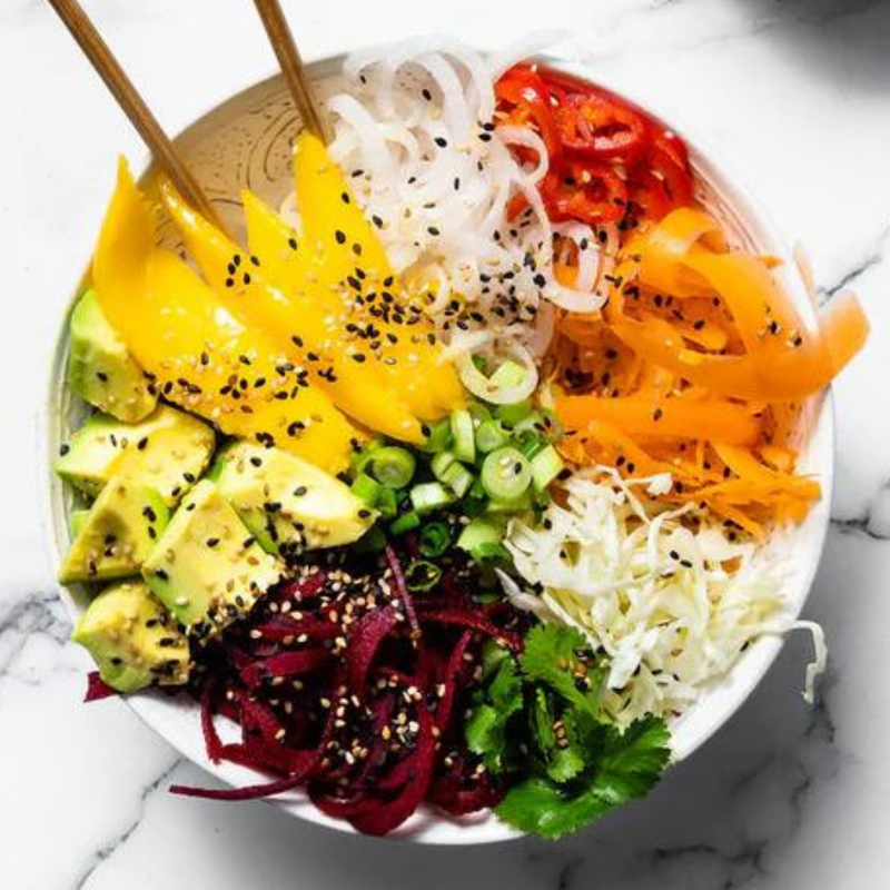 Rainbow Noodle Bowl with Avocado & Peanut Ginger Dressing (VE)