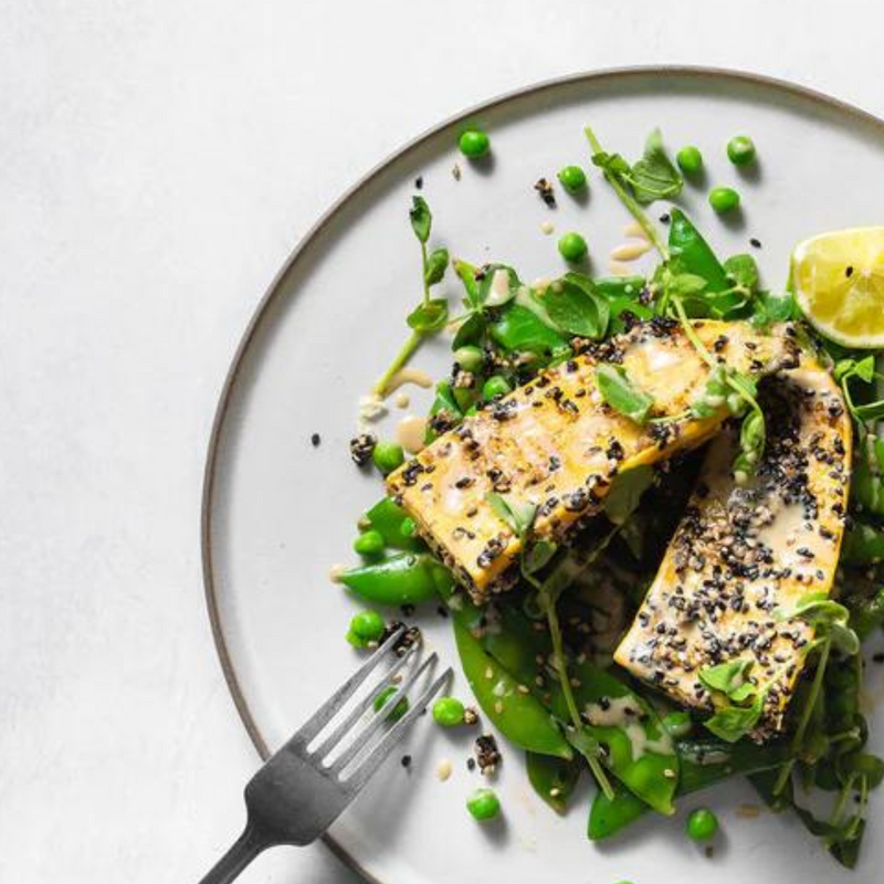 Sesame Grilled Courgette with Sugar Peas & Tahini Dressing (VE)