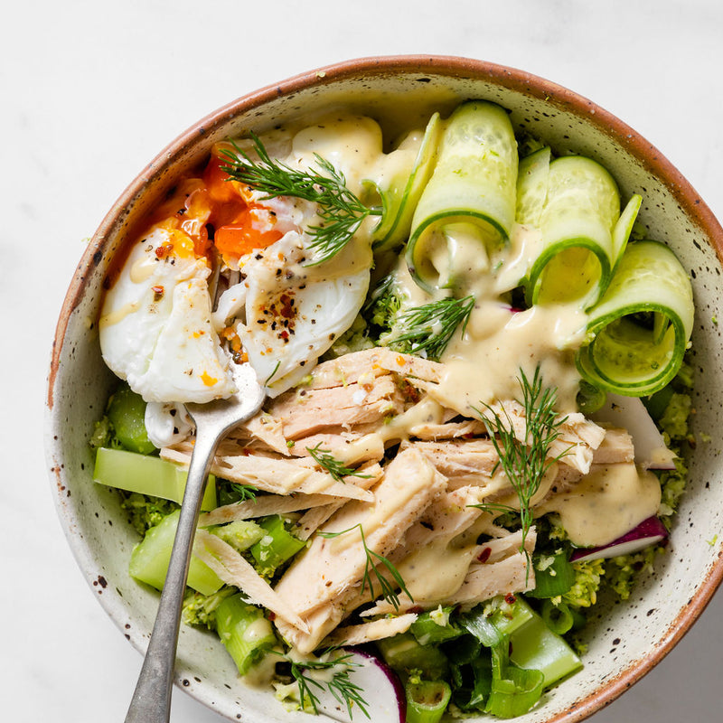 Broccoli Rice Bowl with Tuna, Poached Egg + Caesar Dressing