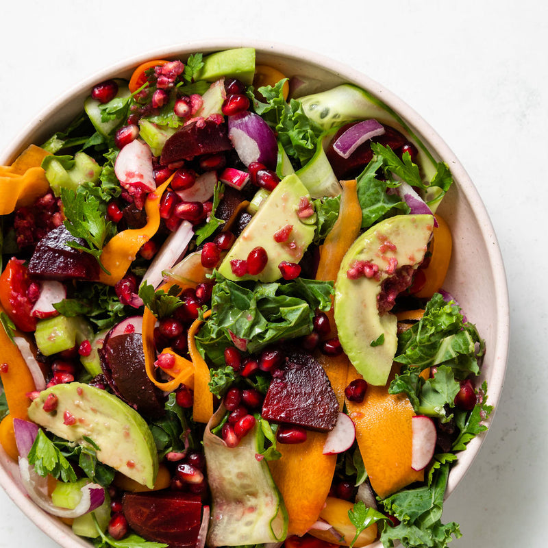 Cali Inspired Harvest Salad with Rainbow Vegetables + Pomegranate Dressing (VE)
