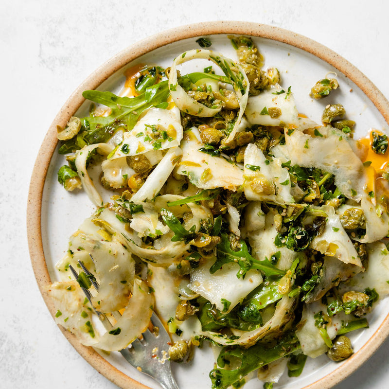 Celeriac Pappardelle with Garlicy Capers + Nutritional Yeast (VE)
