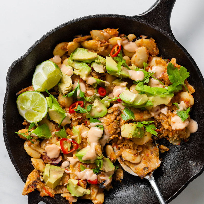 Chilaquiles with Pico de Gallo, Avocado + Smashed Butter Beans (VE)