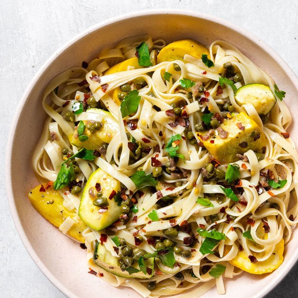 Courgette + Anchovy Brown Rice Pasta