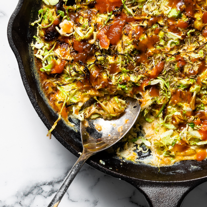 Frittata with Spiced Cabbage Ribbons + Broccoli ‘Rice’