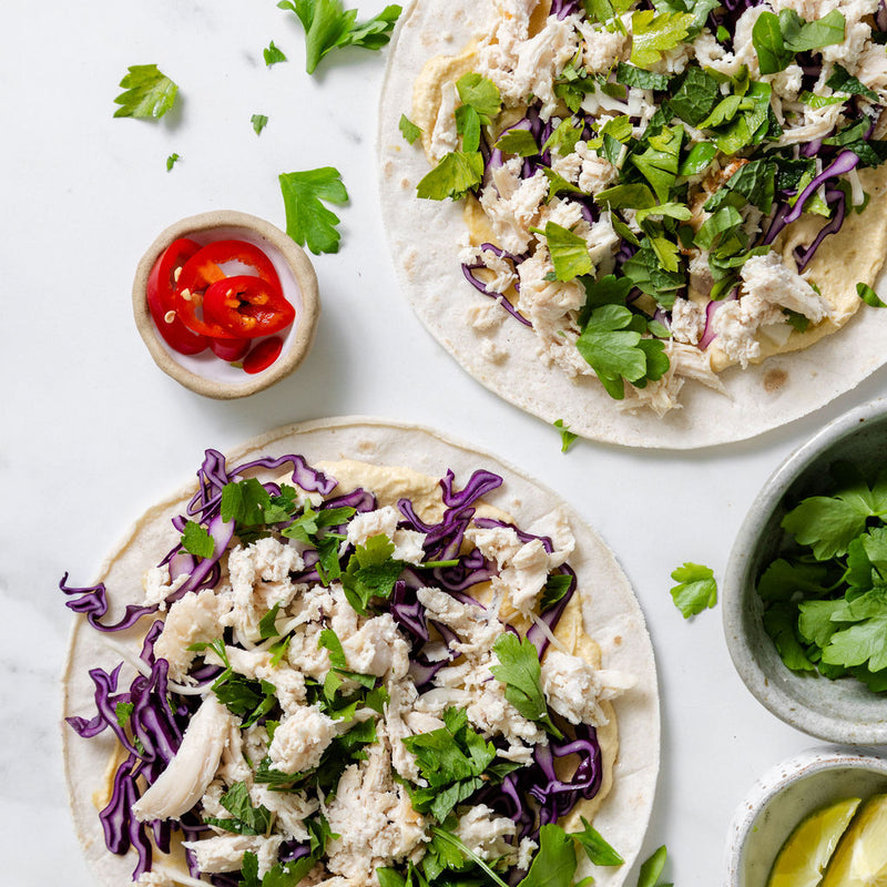 Shredded Chicken Corn Wraps with Butterbean Hummus + Red Cabbage Slaw