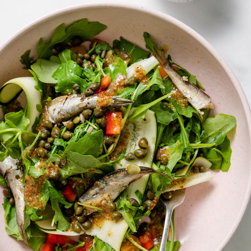 Mediterranean Salad with Sardines + Plant Parmesan