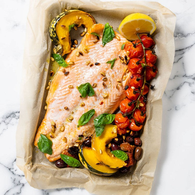 Quick Leftover Poached Salmon with Chickpeas + Tahini Mustard Dressing