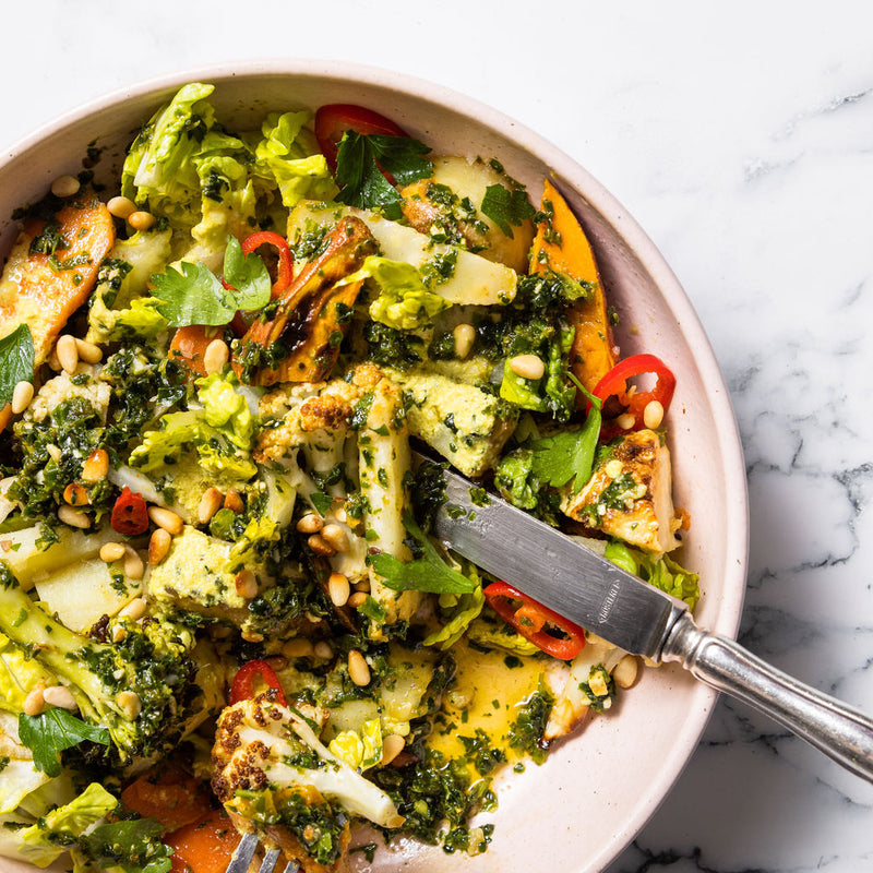 Mixed Roasted Veggies with Kale Pesto + Sunflower Seed 'Caesar’ Dressing (VE)