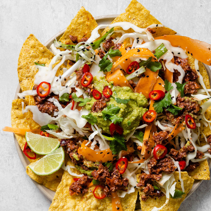 Nachos with Minced Tofu, Guacamole, Cashew Cheese & Salsa Verve (VE)