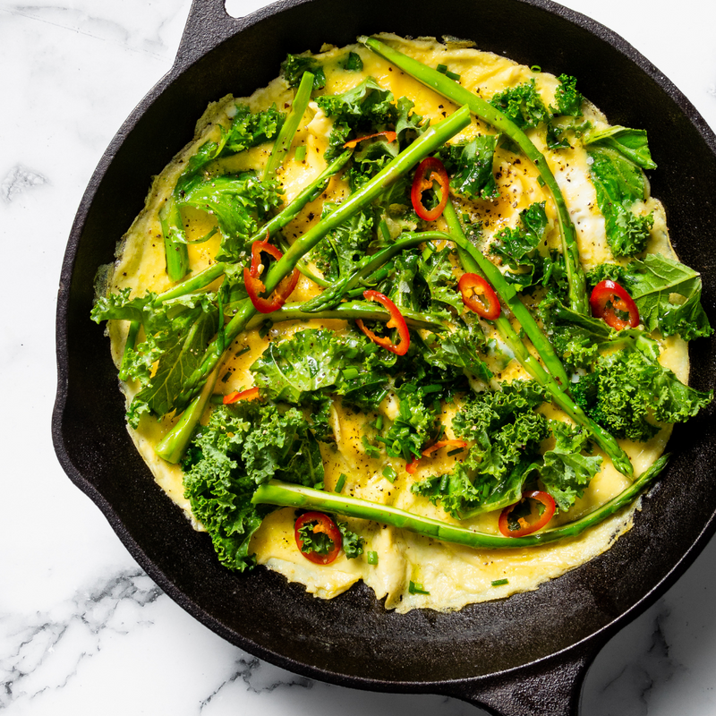 Asparagus, Minced Prawn + Sweetcorn Omelette