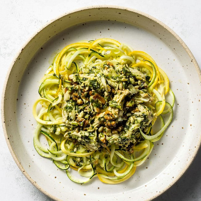 Courgetti and Sun-Dried Tomato Pesto with Kale Sunflower Seed ‘Parmesan’ (VE)