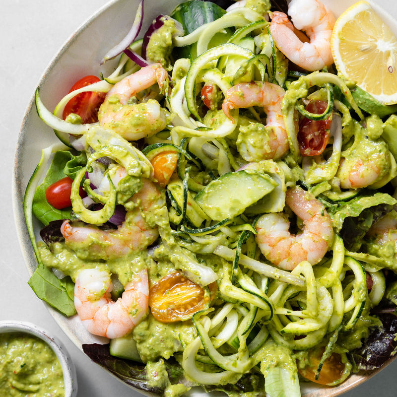 Prawns, Tomato + Courgetti with Avocado Dipping Sauce