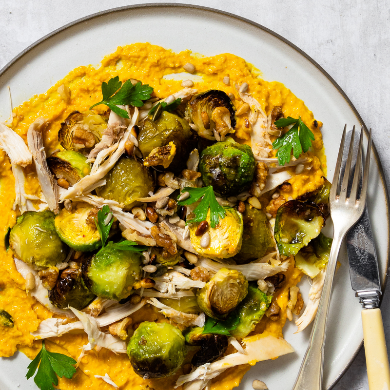 Roast Brussel Sprouts with Carrot Date Puree + Leftover Shredded Chicken