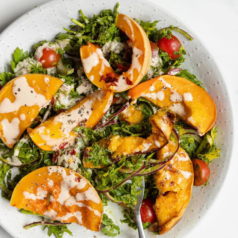 Roasted Butternut Squash with Spicy Tahini Dressing and Herb Tabouleh (Grain Free) (VE)