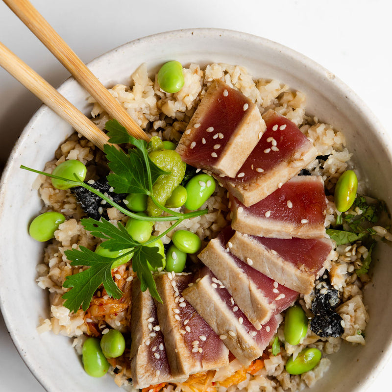 Seared Tuna with Brown or Cauli-Rice Sushi Bowl + Wasabi Mayo