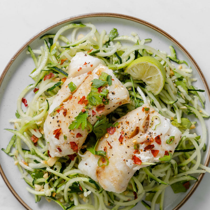 Steamed Ginger + Tamari Cod with Courgetti