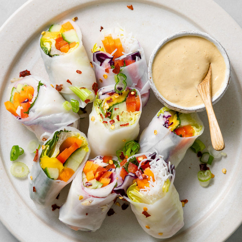 Summer Rolls with Courgette Noodles, Peach, Mint & Ponzu Dressing (VE)