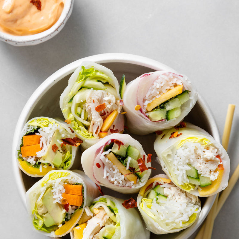 Summer Rolls with Courgette Noodles, Shredded Chicken, Peach, Mint & Ponzu Dressing