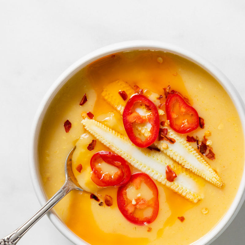 Sweetcorn + Cashew Chilled Soup with Spicy Chilli OIl (VE)