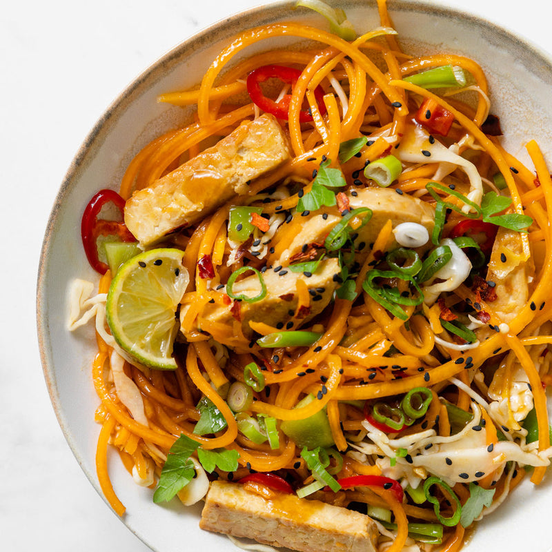 Tempeh Chow Mein with Carrot Noodles (VE)